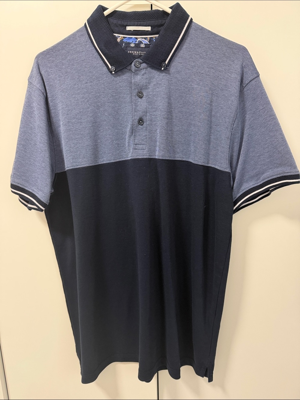 NWOT Denim & Flower Two-Tone Blue Polo with Navy Contrast